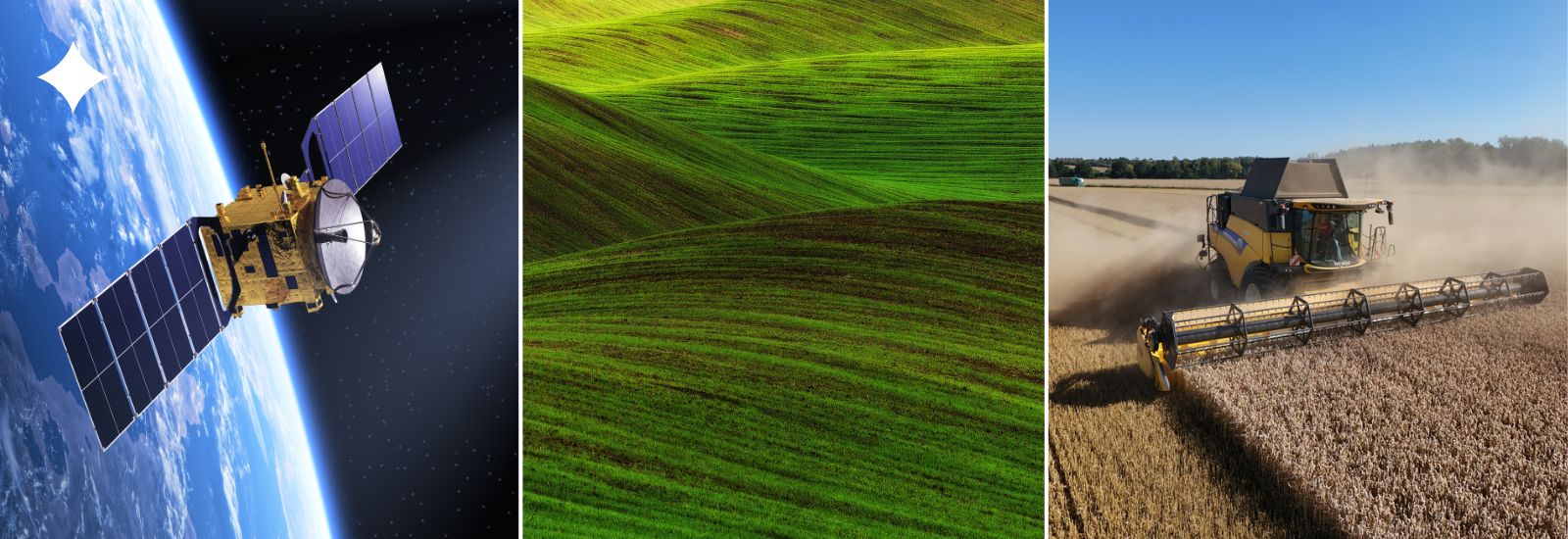 Satelit, zvlněná krajina, kombajn